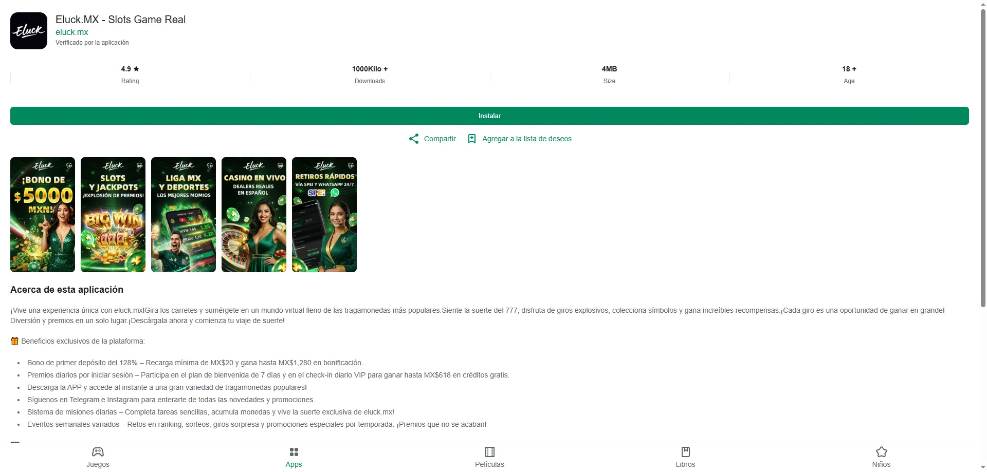 Aplicación móvil de Eluck Casino para slots y apuestas