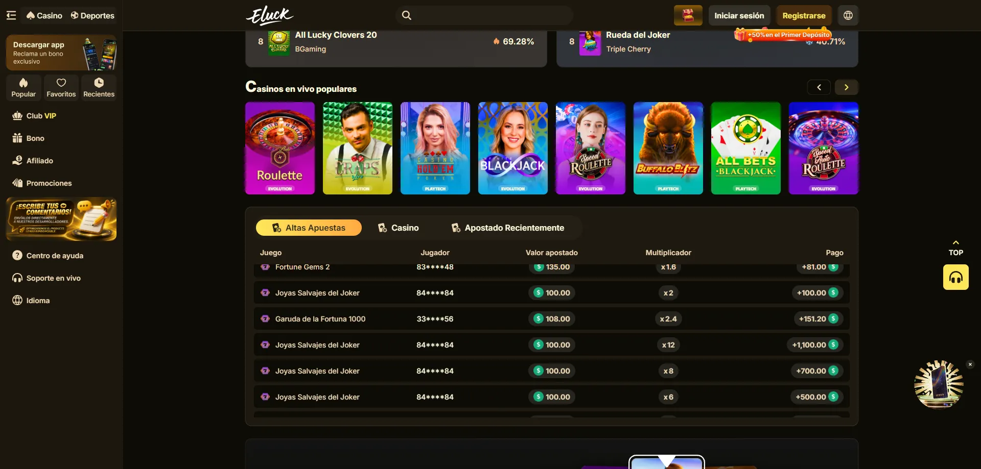 Mesas de casino en vivo con dealers reales en Eluck Casino